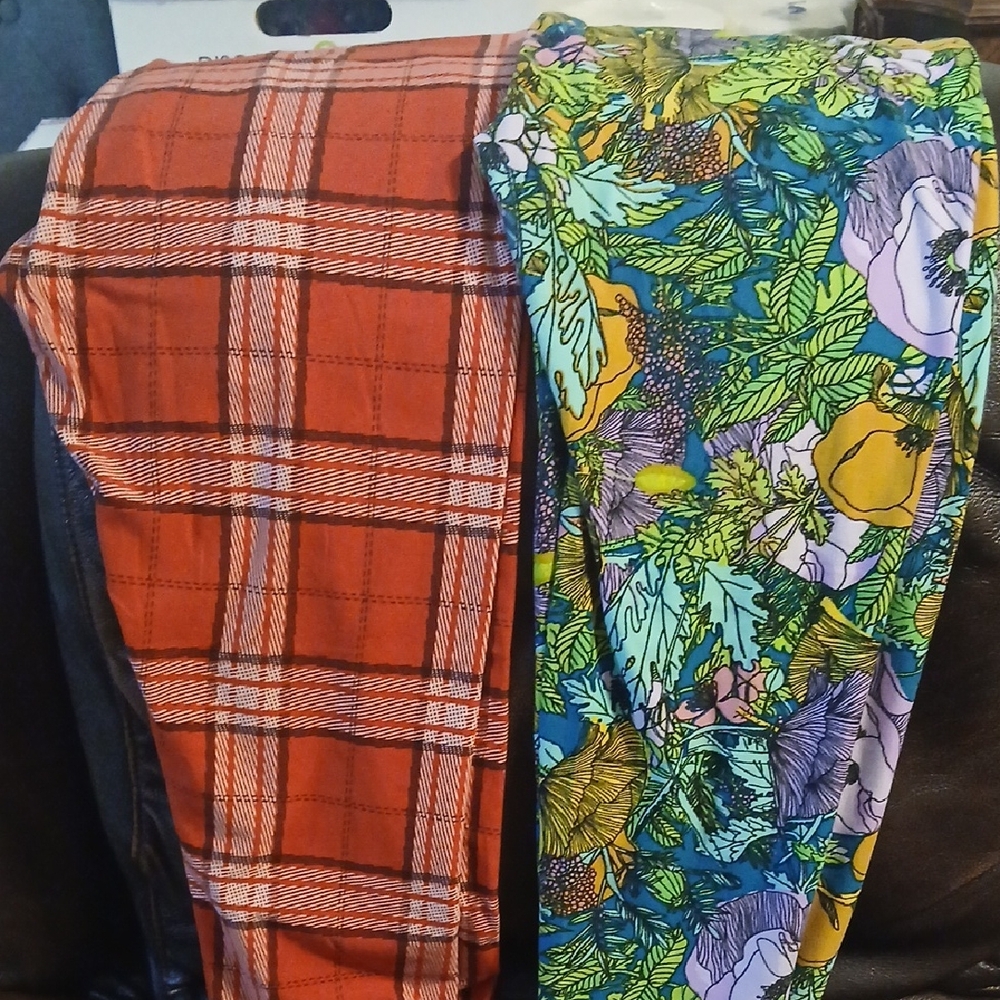 LuLaRoe Red Plaid Leggings and Multicolor Floral Leggings Duo
